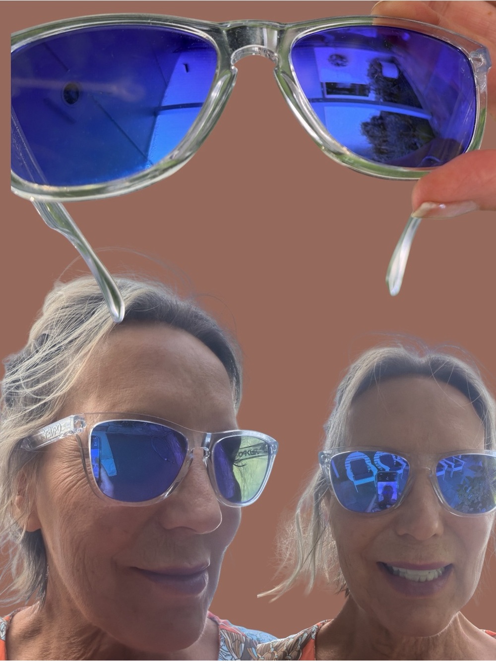 Oakley Clear Frame Sunglasses with Blue Mirrored Lenses